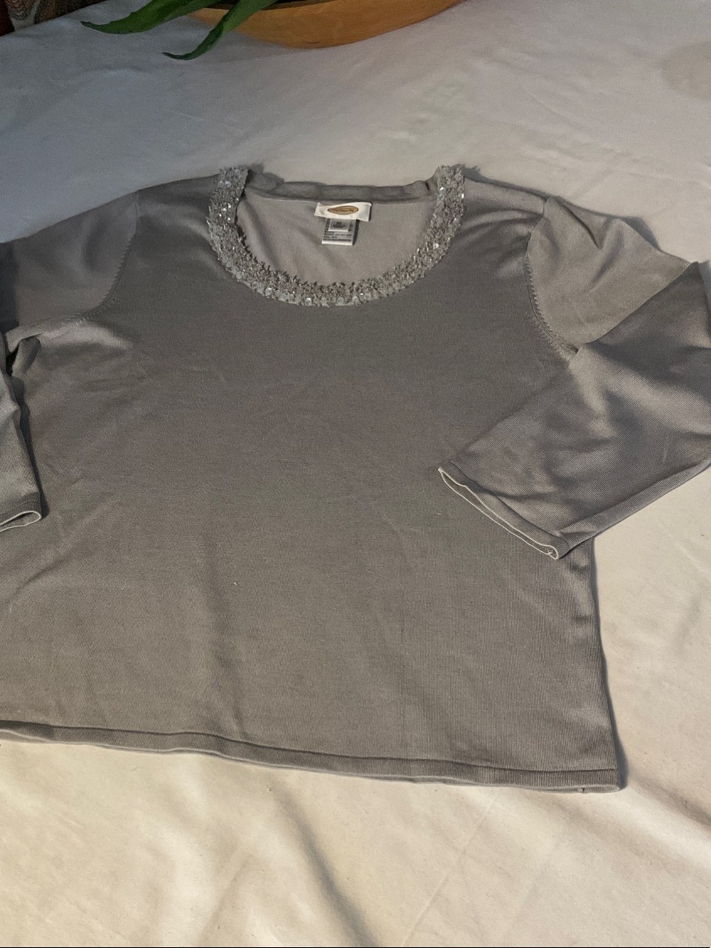 Talbots Silver-Gray Embellished Scoop Neck Long Sleeve Top